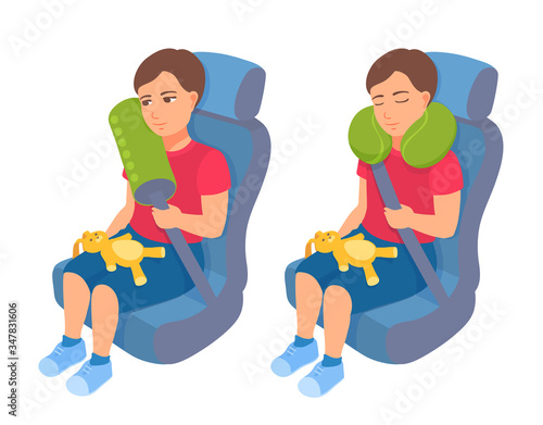A toddler boy sits in a car safety seat with a safety belt and a travel neck pillow. Safe trip for a child. A kid sleeping in a car. A vector cartoon illustration isolated on a white background.