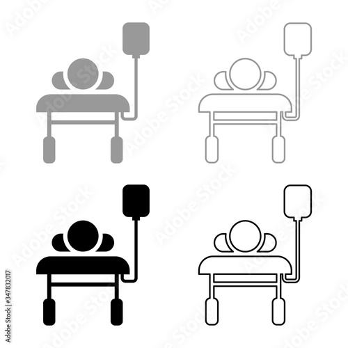Patient lying on medical bed couch with dropper Man with dropping bottle Emergency therapy concept injecting resuscitation Intensive care icon outline set black grey color