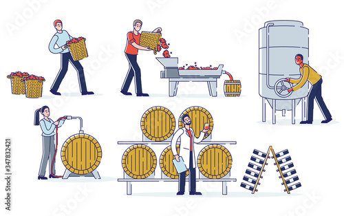 Concept Of Wine Production. Winemakers Work On Wine Plant. Characters Are Harvesting, Crushing Grapes, Fermenting Must, Ageing And Filling Wine. Cartoon Linear Outline Flat Style Vector Illustration