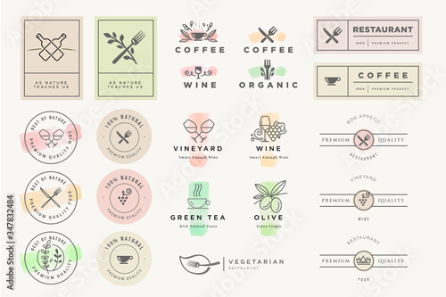Set of stickers and labels for food and drink. Vector illustrations for graphic and web design, marketing material, restaurant menu, natural and organic products presentation, packaging design.
