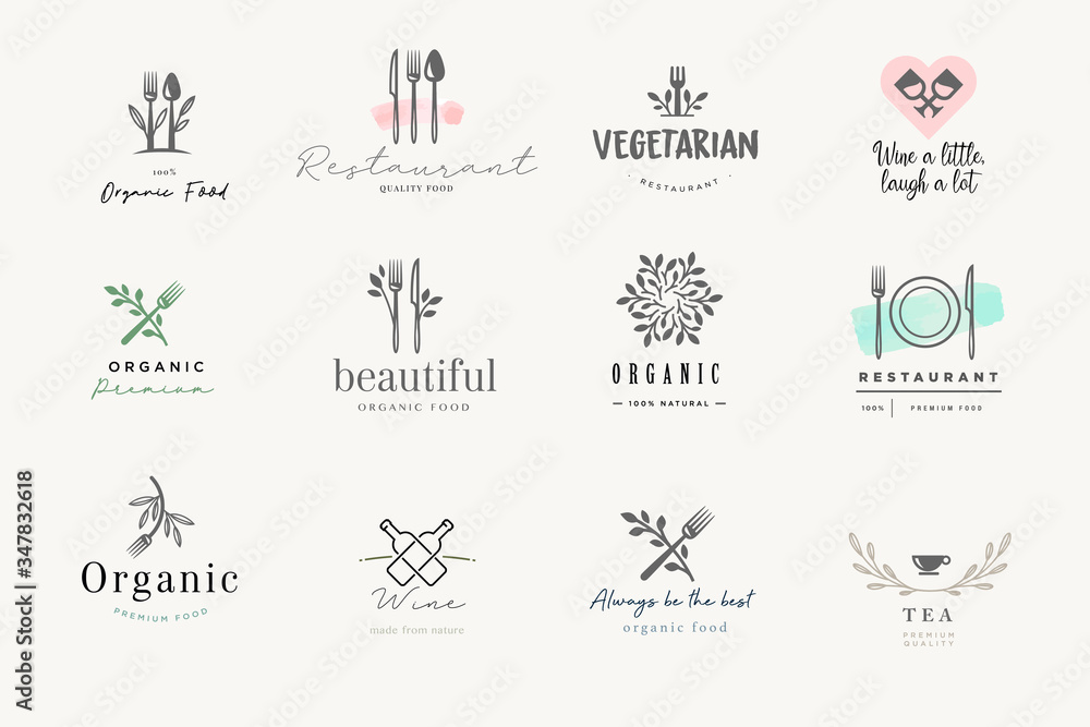 Set of signs for food and drink. Vector illustrations for graphic and web design, marketing material, restaurant menu, natural products presentation, packaging design.