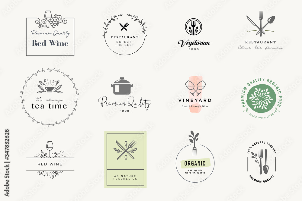 Set of signs for food and drink. Vector illustrations for graphic and web design, marketing material, restaurant menu, natural products presentation, packaging design. Set of signs for food and drink. Vector illustrations for graphic and web design, marketing material, restaurant menu, natural products presentation, packaging design.