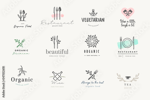 Set of signs for food and drink. Vector illustrations for graphic and web design, marketing material, restaurant menu, natural products presentation, packaging design.