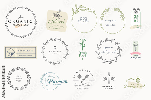 Set of badges and stickers for food and drink. Vector illustrations for graphic and web design, marketing material, restaurant menu, natural products presentation, packaging design.