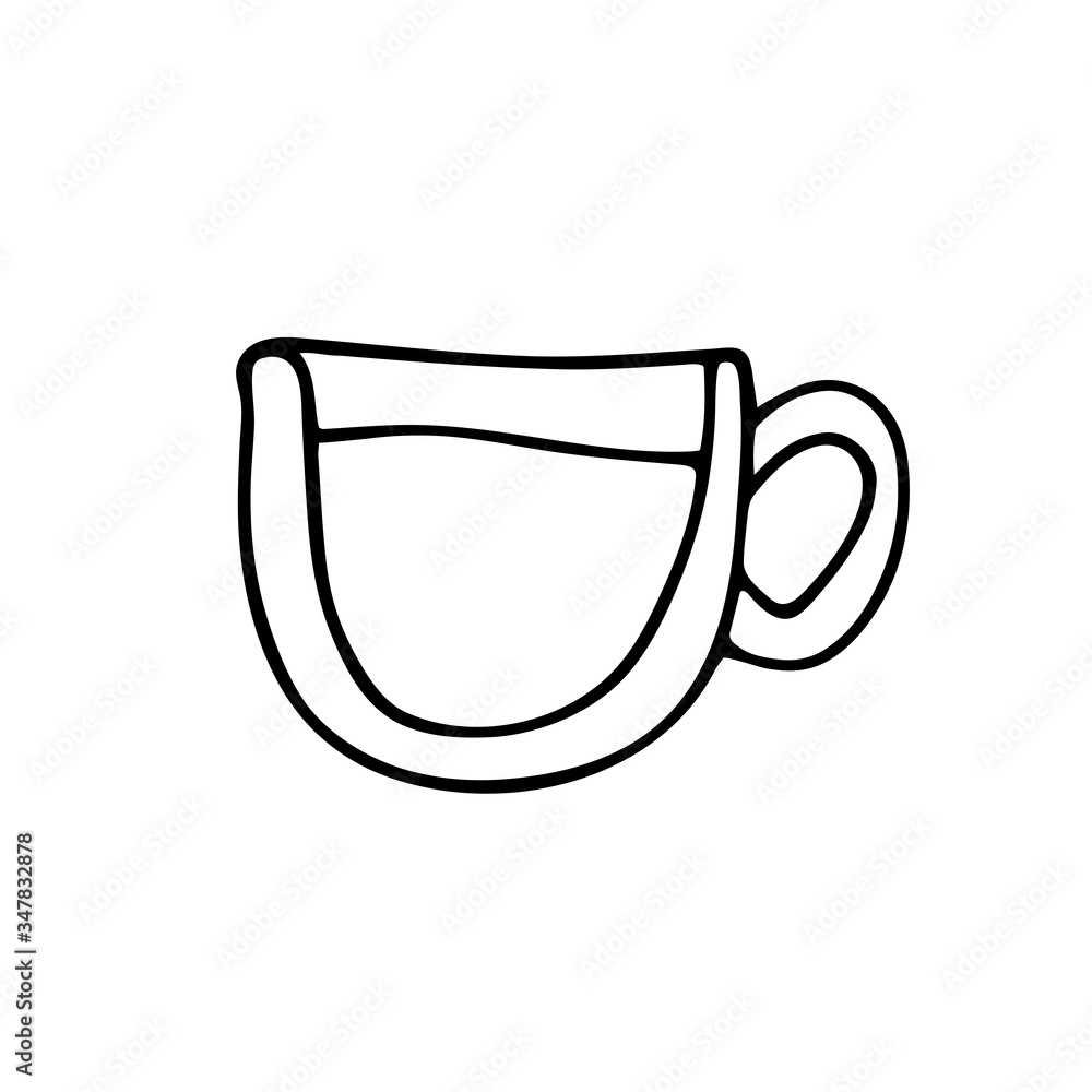 Cup of coffee isolated on white background. Hand-drawn cute cup with coffee, milk, matcha, tea. Outline Cupwith a drink. Element for menu, coffee shop, packaging, sign, web. Vector stock illustration