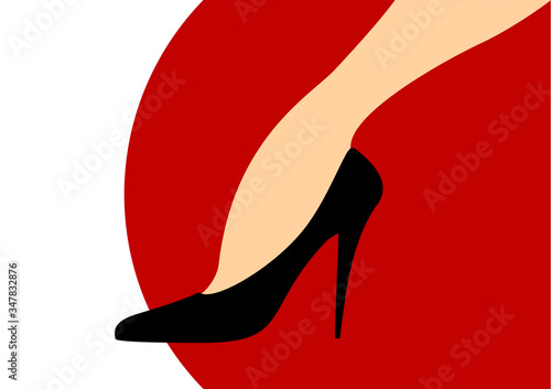 Vector fashion illustration. Female Sexy curved leg in black high-heeled shoes. Mascot on Red white background. Minimalistic card. Character foot in flat style. Women shoes and ankle Vector concept