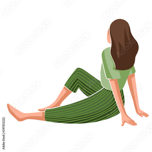 Beautiful young woman with long hair in casual clothes sitting on the floor. Back view. Flat style character design. vector illustration. Relaxing people.