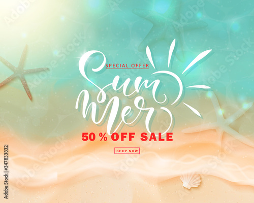 Summer sale poster with sea wave and starfish.Beautiful background with seashells on sea sand. Template banners,flyers, invitation, posters, brochure, voucher discount.Vector illustration
