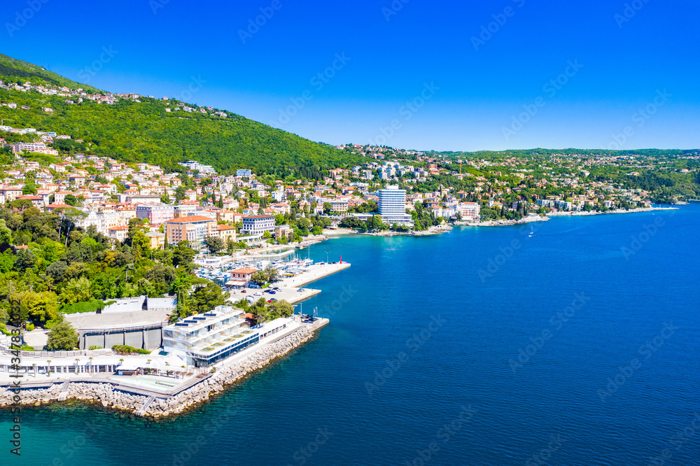Croatian coastline, beautiful Opatija riviera on Kvarner, aerial view of popular scenic tourist resorts and beaches