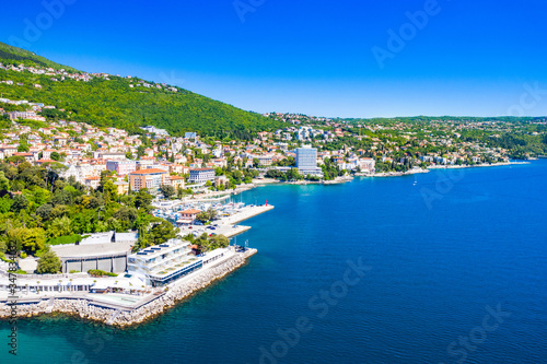 Croatian coastline, beautiful Opatija riviera on Kvarner, aerial view of popular scenic tourist resorts and beaches