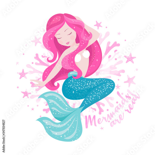 Art mermaid with corals. Fashion illustration drawing in modern style. Cute Mermaid. Girl print. Mermaids are real text.