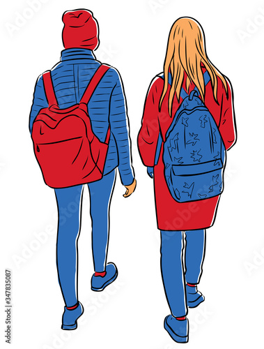 Vector illustration of silhouettes two students girls walking outdoors