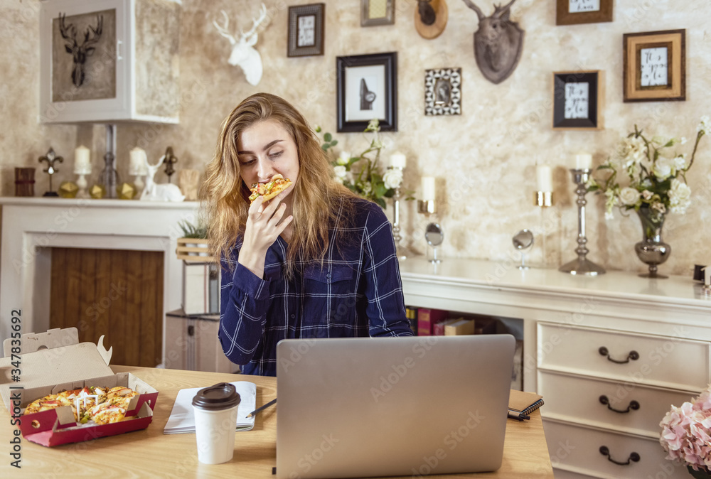 Busy at work. Woman has business lunch in home office, Overworking concept Busy at work. Woman has business lunch in home office, Overworking concept