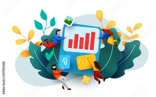 Small 3d flying people around business solution elements working together. Teamwork concept.