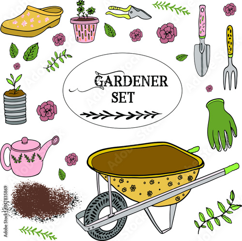 Gardening tools cute doodle set. Hand drawn vector color garden equipment collection isolated on white background. Wheelbarrow, bypass pruners, watering can. Flat scandinavian design. Space for text.