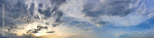 Fototapeta Naklejka Na Ścianę i Meble -  Blue sky panorama with storm cloud on a cloudy day. Beautiful 180 degree panoramic image.