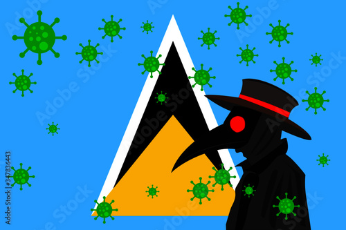 Black plague doctor surrounded by viruses with copy space with SAINT LUCIA flag.