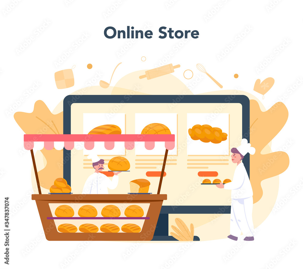Naklejka premium Baker and bakery online service or platform. Chef in the uniform