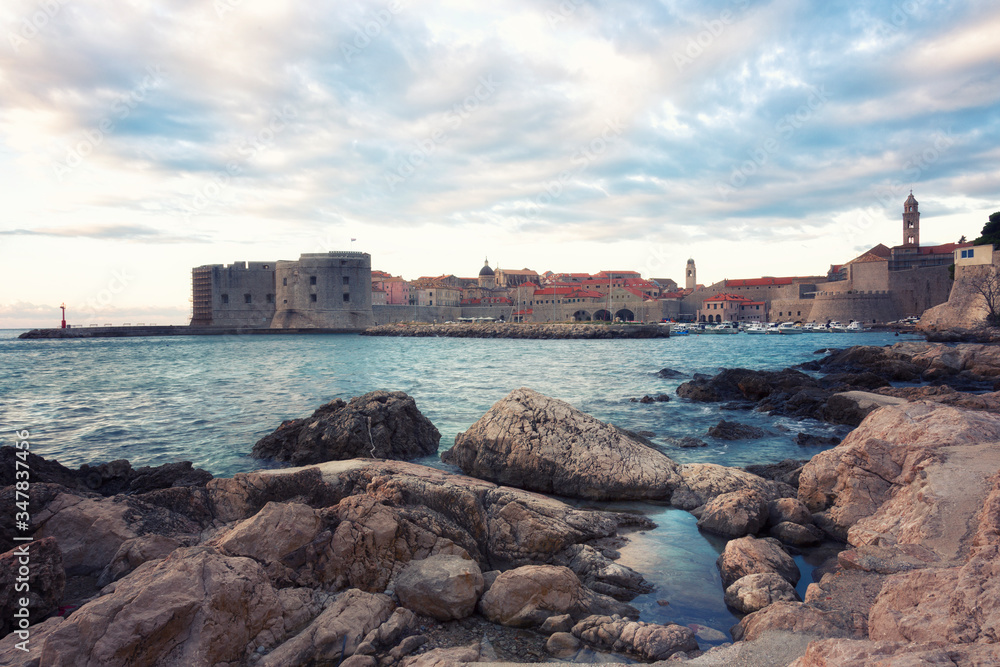 View of the old town and fortification wall in Dubrovnik, Croatia