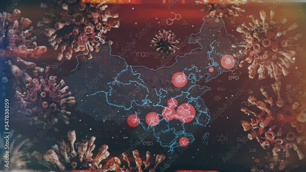 Motion graphics map of China with the localization and spread of the