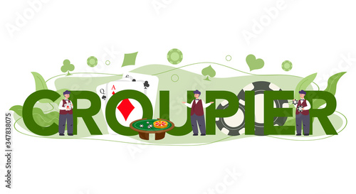 Croupier typographic header concept. Dealer in casino near roulette