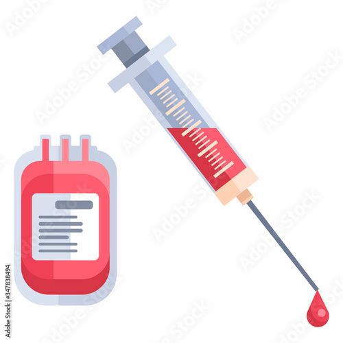 Blood syringe on white isolated backdrop. Blood pack transfusion for social banner, web element, health care promo, medical poster. Chemist shop logo or info card. Flat style stock vector illustration