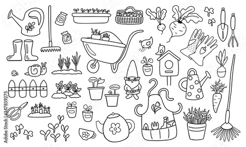 Gardening icons doodle set. Line objects isolated on white background. Summer country lifestyle. Garden tools and plant seedlings. Organic healthy food growing. Rural life in the village.