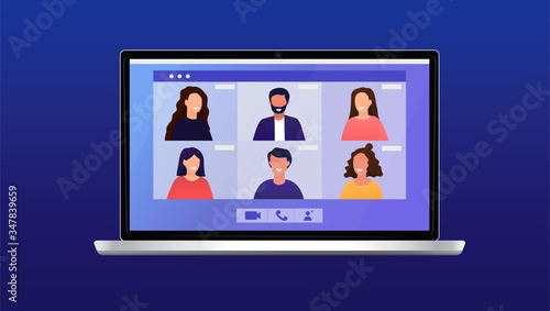 Conference video call, remote project management. People communicate remotely via video . Online life during a coronavirus pandemic working from home. On a blue background. Flat vector illustration