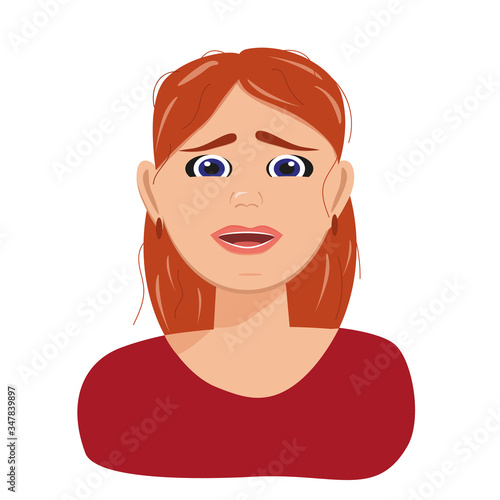 Flat vector character illustration. Tired woman, sleepy mood, weak health, mental exhausted, vector flat illustration. Woman is experiencing fear, horror, depression, sadness, stress.