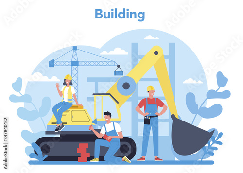 House building concept. Workers constructing home with tools