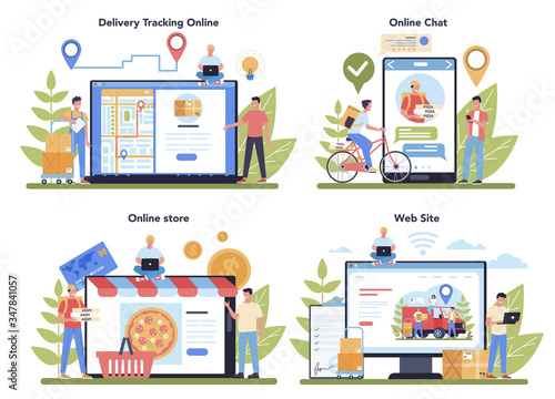 Delivery service online service or platform set. Courier in uniform
