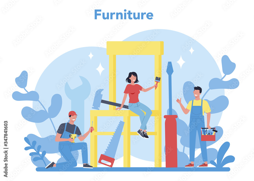 Wooden furniture concept. Furniture store word concept banner.