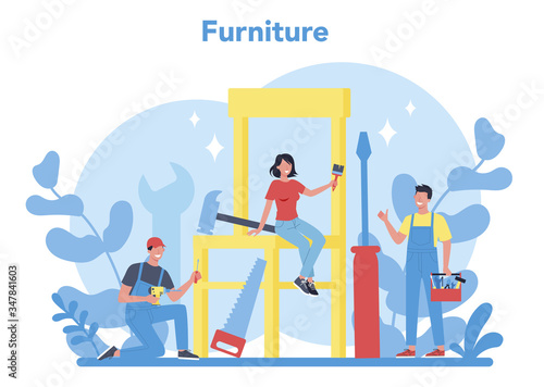 Wooden furniture concept. Furniture store word concept banner.