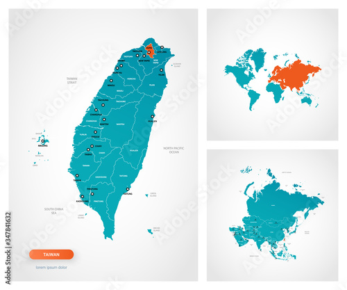Editable template of map of Taiwan with marks.Taiwan on world map and on Asia map.