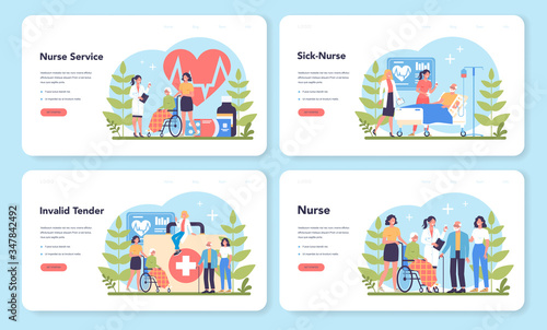 Nurse service web banner or landing page set. Medical occupation,