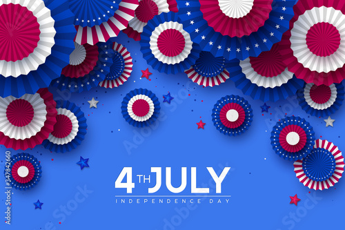4th of July, USA Independence day banner. Paper fans in colors of American flag with confetti and stars. Vector illustration.