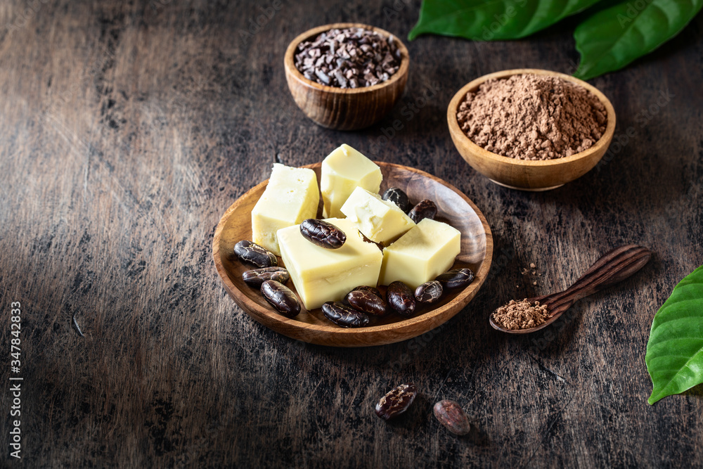 Cacao products on old rustic background. Cacao products on old rustic background.