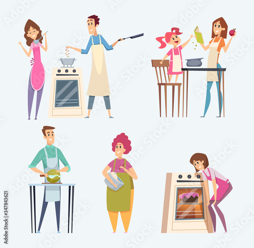 People cooking. Couples family preparing food at the kitchen serving dinner vector characters cartoon. Kitchen cooking meal, together people bake illustration