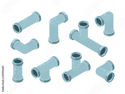 Pipe isometric. Industrial connection oil pipes with red valve vector isolated set. Illustration pipe isometric, metal equipment curve © ONYXprj