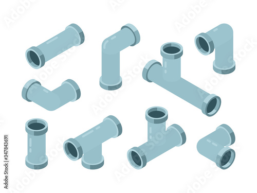 Pipe isometric. Industrial connection oil pipes with red valve vector isolated set. Illustration pipe isometric, metal equipment curve
