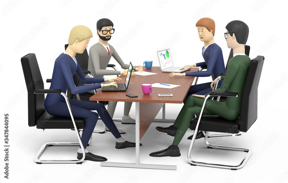 A few businessmen are conferring sitting near the table. White background. 3D illustration