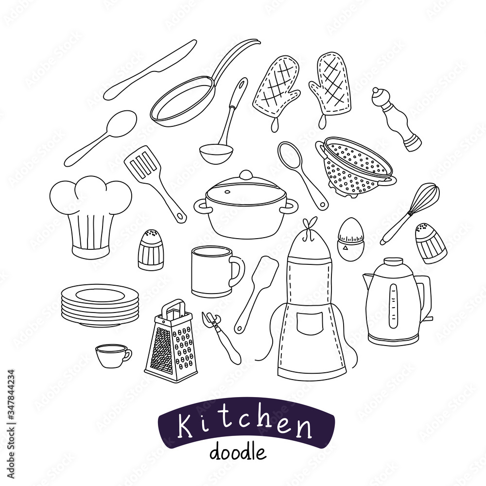  Doodle objects tableware. A set of kitchen utensils and appliances in the shape of a circle. Template, banner for design on the theme of cooking