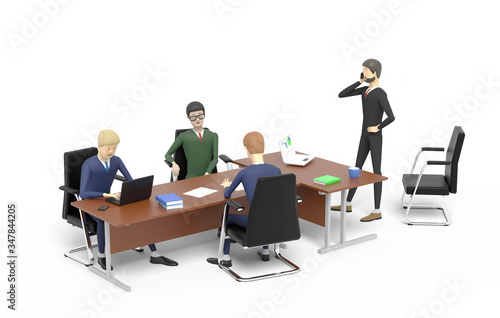 Managers gathered for a meeting in the boss office. White background. 3D illustration