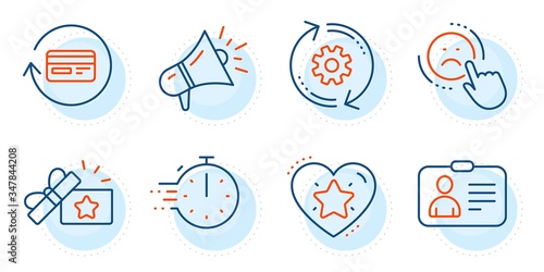 Cooking timer, Megaphone and Id card signs. Cogwheel, Ranking star and Loyalty gift line icons set. Dislike, Refund commission symbols. Engineering tool, Love rank. Technology set. Vector