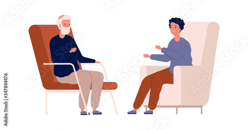 Boy and grandfather. Family talking, have conversation. Psychotherapy, teenager problems. Elderly mental disorder, demention vector. Grandfather with grandson, grandparent communication illustration