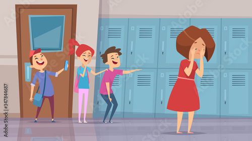 Bullying in school. Stressed kids laughs scare conflict problems in school corridor vector cartoon background. School stress, bullying people illustration