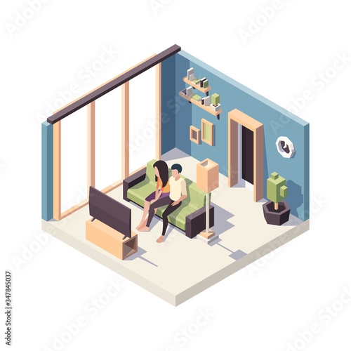 Family couple watching tv. Relax people sitting in sofa living room interior vector characters isometric. Illustration tv couple, man and woman together watch television