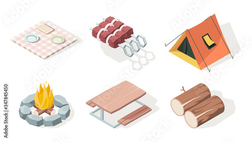 Picnic isometric. Bbq equipment fire camp fresh food and items for barbecue party vector illustrations. Picnic and barbecue, food and blanket