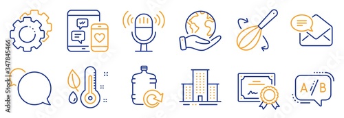 Set of Business icons, such as Microphone, New mail. Certificate, save planet. Messenger, Cooking whisk, Ab testing. Refill water, Settings gears, Social media. Vector photo
