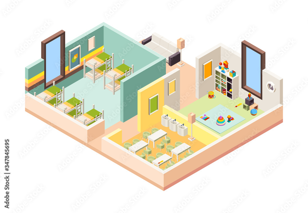 Kindergarten interior. Playground room preschool building with kitchen lessons game place and bedroom little kids vector 3d interior. Illustration kindergarten interior, playground room and dinning